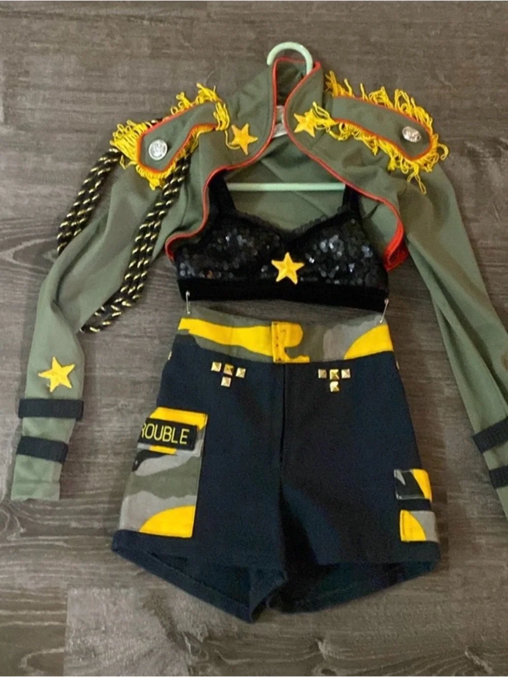 Kids Military-Inspired Dance Costume Set with Black Sequin Top and Olive Jacket